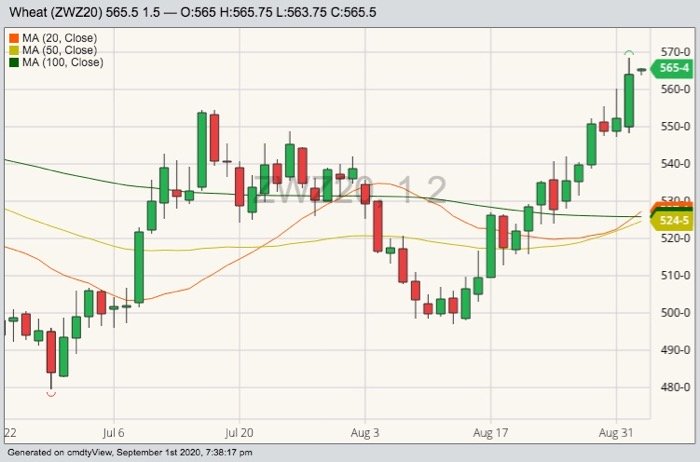CBOT December 2020 wheat with 20-, 50- and 100-day moving averages. (Barchart)
