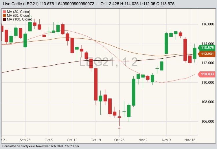 CME February 2021 live cattle with 20-, 50- and 100-day moving averages. (Barchart)
