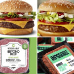 When it comes to burger ads, it’s pretty tough to tell McDonald’s Quarter Pounder (top left) from the company’s new McPlant burger (top right). But is it confusing in the grocery store? While Impossible Foods calls its ground beef substitute “burger made from plants,” (bottom right) Beyond Meat uses beef and ‘plant based’ but also a steer logo (bottom left).
