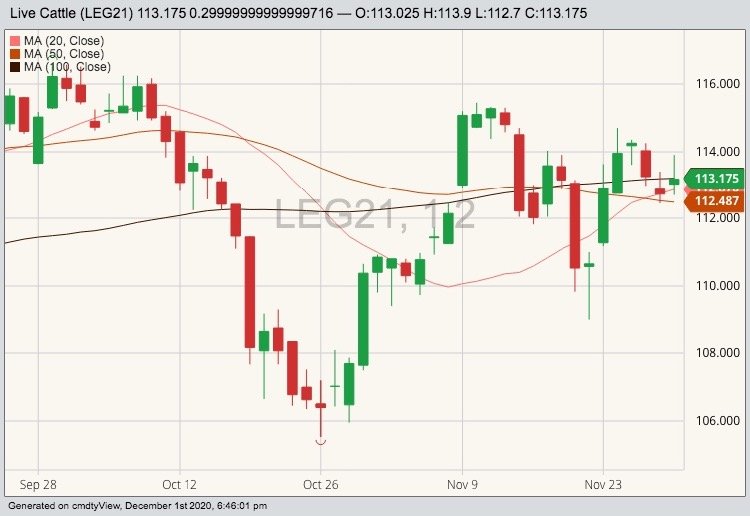 CME February 2021 live cattle with 20-, 50- and 100-day moving averages. (Barchart)
