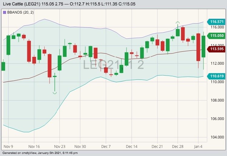 CME February 2021 live cattle with Bollinger (20,2) bands. (Barchart)
