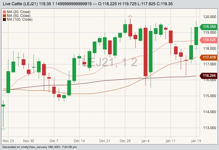 CME April 2021 live cattle with 20-, 50- and 100-day moving averages. (Barchart)
