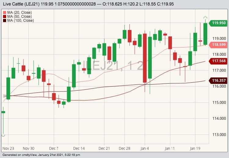 CME April live cattle with 20-, 50- and 100-day moving averages. (Barchart)
