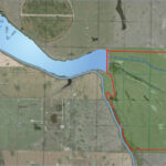 Pictured is the Snake Lake Reservoir, about 20 kilometres southeast of Bassano, as it is today. The area outlined in red shows an expansion which will add 53,000 acre-feet to the reservoir.
