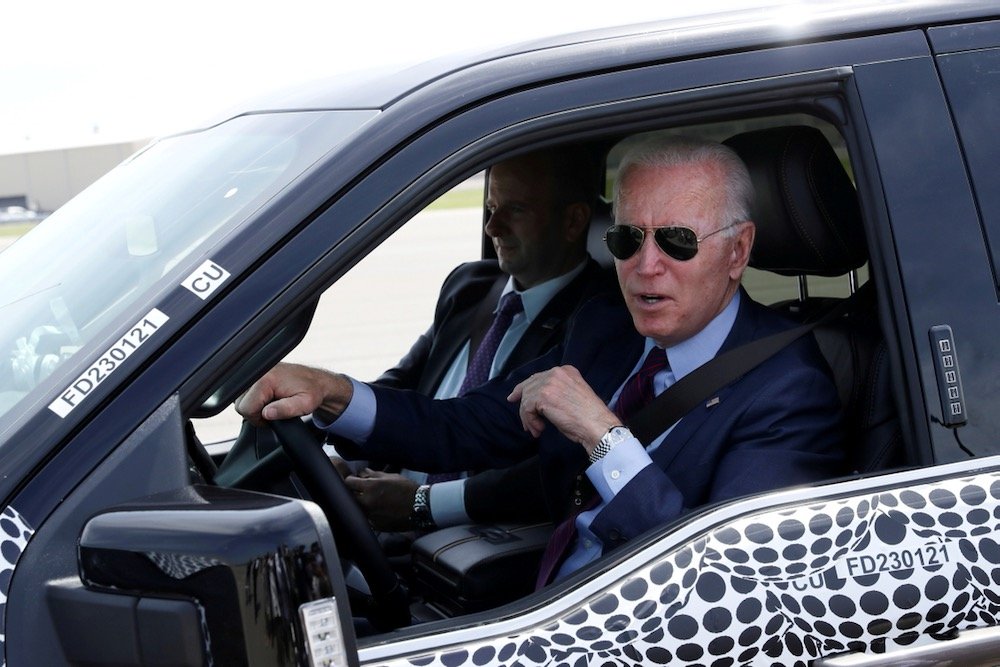 U.S. President Joe Biden test-drives the new Ford F-150 lightning truck at Dearborn, Michigan on May 18, 2021. (Photo: Reuters/Leah Millis)
