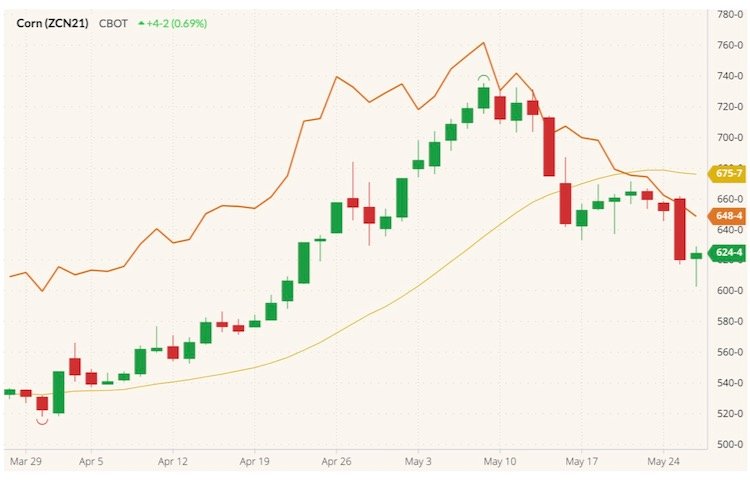 CBOT July 2021 corn (candlesticks) with 20-day moving average (yellow line) and CBOT July 2021 wheat (orange line). (Barchart)
