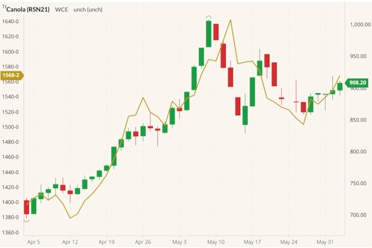 ICE July 2021 canola (candlesticks) with CBOT July 2021 soybeans (gold line). (Barchart)
