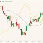 CME August 2021 feeder cattle (candlesticks) with 20-day moving average (red line) and CBOT July 2021 corn (yellow line). (Barchart)