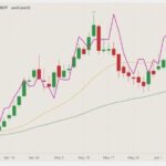 CBOT July 2021 soybeans (candlesticks) with 20- and 50-day moving averages (yellow and green lines) and CME July 2021 crude palm oil (purple line). (Barchart)