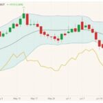 CBOT July 2021 soybeans (candlesticks) with Bollinger bands (20,2) and November 2021 soybeans (yellow line). (Barchart)
