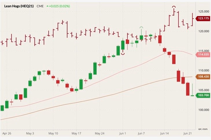 CME August 2021 lean hogs (candlesticks) with 20- and 50-day moving averages (pink and brown lines) and August 2021 live cattle (red open/high/low/close). (Barchart)
