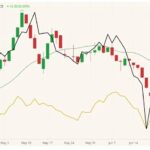 ICE July 2021 canola (candlesticks) with 20-day movjng average (green line), ICE November 2021 canola (yellow line) and CBOT July 2021 soybeans (black line, left column). (Barchart)