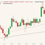 CME October 2021 live cattle (candlesticks) with 20-, 50- and 100-day moving averages (pink, brown and black lines). (Barchart)