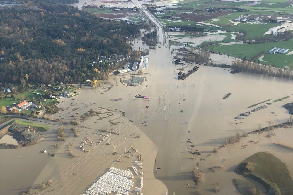 Floodwaters cover the Trans Canada Highway near Abbotsford, B.C. in an aerial view taken Nov. 16, 2021. (Photo courtesy BC Hydro via Reuters)
