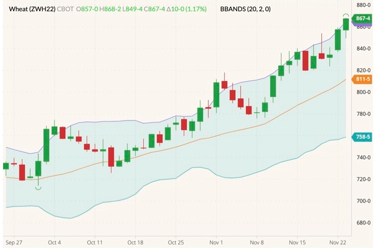 CBOT March 2022 wheat (candlesticks) with Bollinger bands (20,2). (Barchart)
