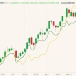 ICE January 2022 canola (candlesticks) with March 2022 (green line) and November 2022 canola (yellow line, left column). (Barchart)