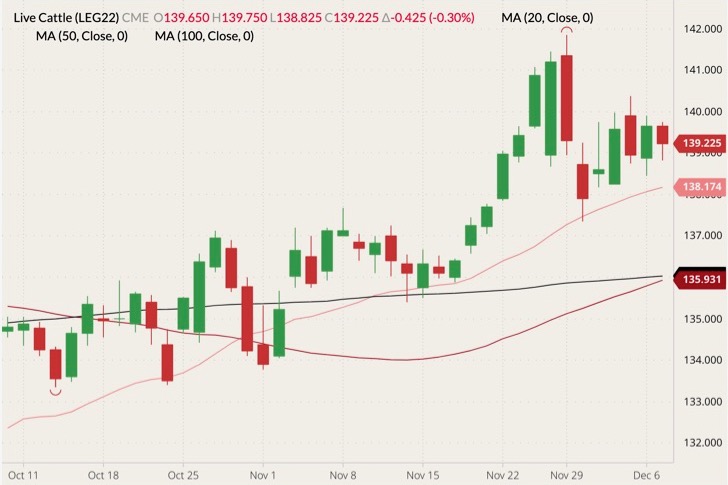 CME February 2022 live cattle (candlesticks) with 20-, 50- and 100-day moving averages (pink, dark red and black lines). (Barchart)
