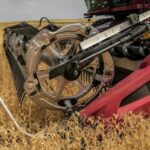 A promotional photo of a MacDon FD2 FlexDraper header in a soybean field in Montana. (FD2.Macdon.com)