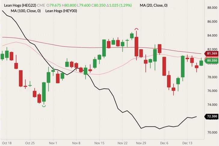 CME February 2022 lean hogs (candlesticks) with 20- and 100-day moving averages (pink and dark red lines) and CME lean hog index (black line). (Barchart)
