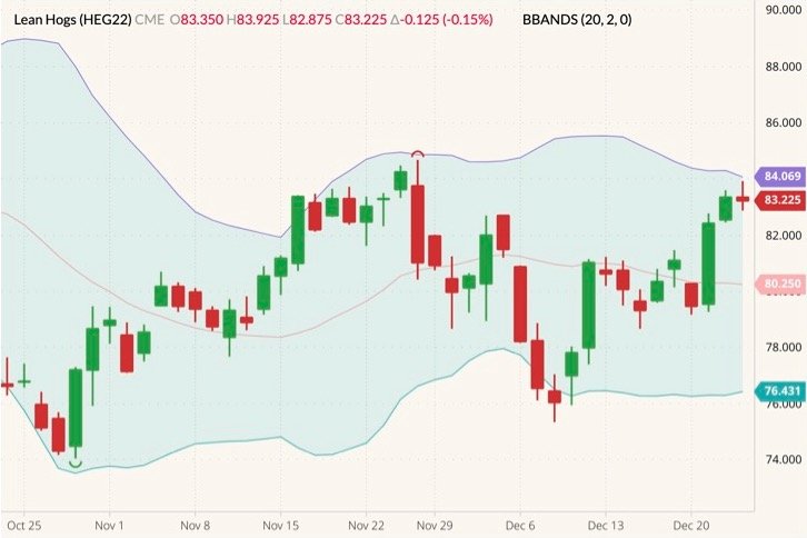 CME February 2022 lean hogs (candlesticks) with Bollinger bands (20,2). (Barchart)

