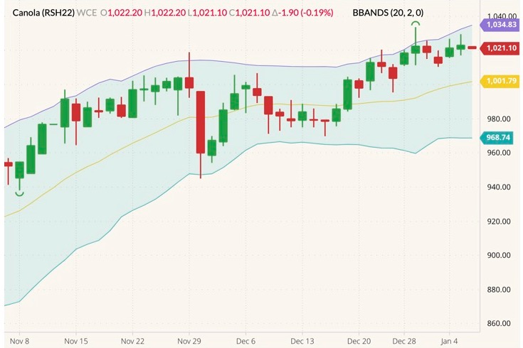 ICE March 2022 canola (candlesticks) with Bollinger bands (20,2). (Barchart)

