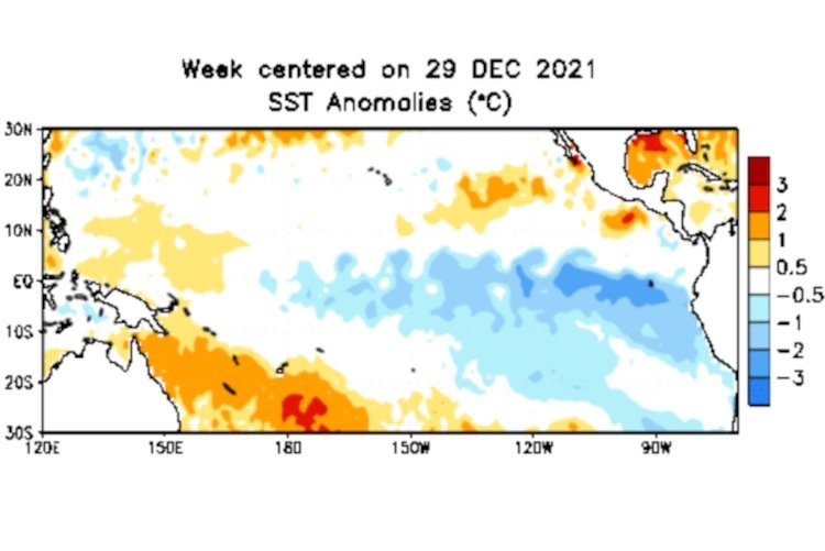 Pacific sea surface temperature anomalies in degrees Celsius for the week centred on Dec. 29, 2021. (CPC.ncep.noaa.gov)
