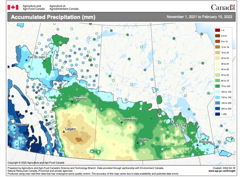 Accumulated precipitation in Western Canada from Nov. 1 to Feb. 15. (AAFC)
