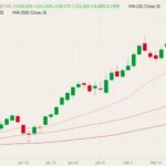 CME June 2022 lean hogs (candlesticks) with 20-, 50- and 100-day moving averages (pink, brown and dark red lines). (Barchart)