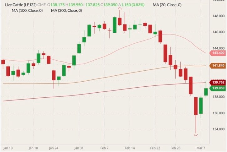 CME April 2022 live cattle (candlesticks) with 20-, 100- and 200-day moving averages (pink, brown and dark red lines). (Barchart)
