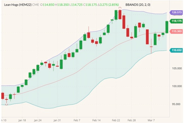 CME June 2022 lean hogs (candlesticks) with Bollinger bands (20,2). (Barchart)

