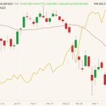 CME April 2022 feeder cattle (candlesticks, right column) with 20-day moving average (red line) and CBOT May 2022 corn (yellow line, left column). (Barchart)