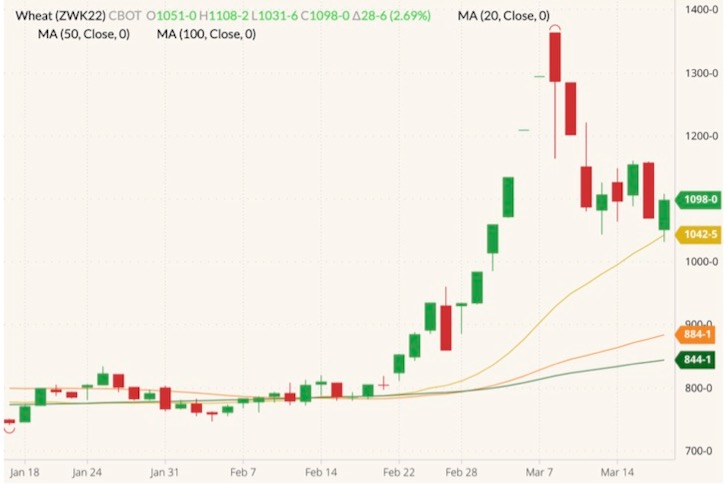 CBOT May 2022 wheat (candlesticks) with 20-, 50- and 100-day moving averages (yellow, orange and dark green lines). (Barchart)
