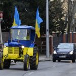 A tractor participates in a demonstration by members of Mier Ukrajine (Peace for Ukraine) in front of the Russian embassy in Bratislava on March 16, 2022. (Photo: Reuters/Radovan Stoklasa)