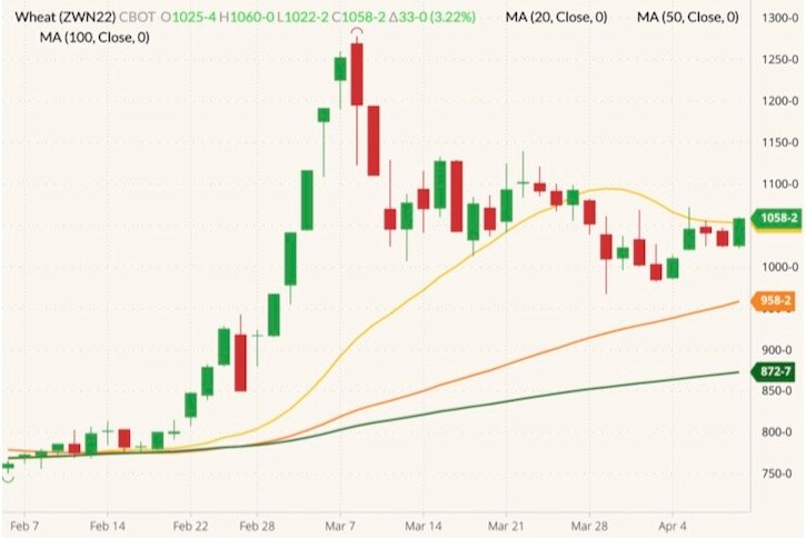 CBOT July 2022 wheat (candlesticks) with 20-, 50- and 100-day moving averages (yellow, orange and dark green lines). (Barchart)
