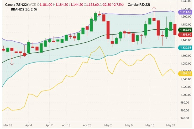 ICE July 2022 canola (candlesticks) with Bollinger bands (20,2) and November 2022 canola (yellow line). (Barchart)
