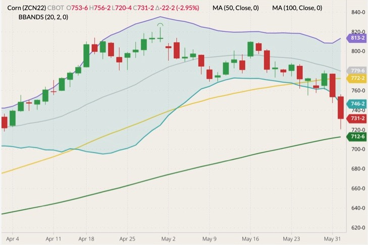 CBOT July 2022 corn (candlesticks) with Bollinger bands (20,2) and 50- and 100-day moving averages (yellow and green lines). (Barchart)
