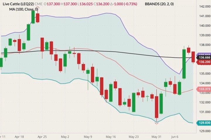 CME August 2022 live cattle (candlesticks) with Bollinger bands (20,2) and 100-day moving average (black line). (Barchart)
