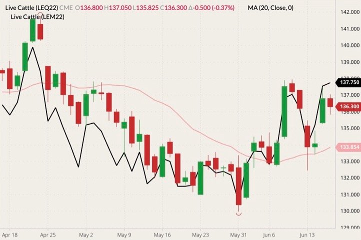 CME August 2022 live cattle (candlesticks) with 20-day moving average (pink line) and June 2022 live cattle (black line). (Barchart)
