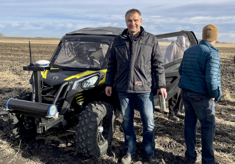 Gamma ray spectrometry provides a lot of info for soil modelling in a field, but it needs expert analysis to be useful, says Alex Melnitchouck, pictured here testing SoilOptix technology at Olds College’s Smart Farm.