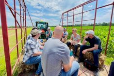 File photo of federal Agriculture Minister Marie-Claude Bibeau on a tour of one of the original &#8216;Living Lab&#8217; sites in Quebec that led up to the launch of the national ACS program in 2021. (Photo courtesy Agriculture and Agri-Food Canada)
