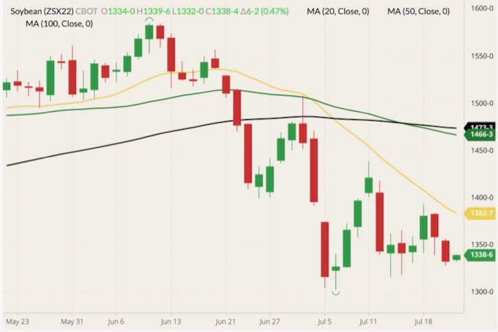 CBOT November 2022 soybeans (candlesticks) with 20-, 50- and 100-day moving averages (yellow, green and black lines). (Barchart)
