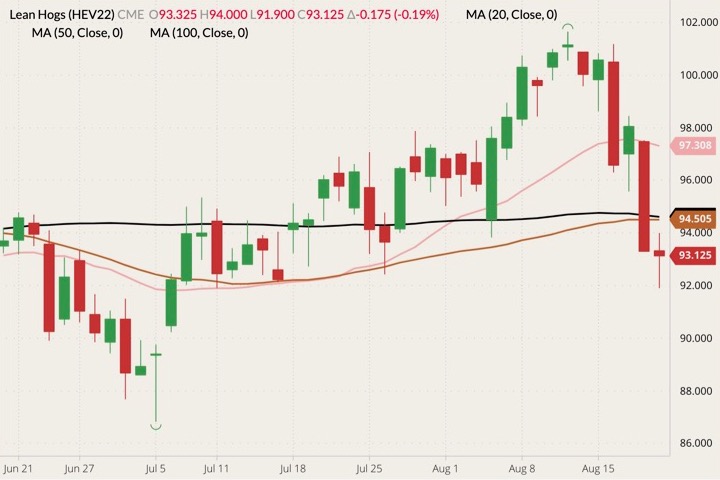 CME October 2022 lean hogs (candlesticks) with 20-, 50- and 100-day moving averages (pink, brown and black lines). (Barchart)
