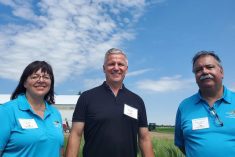 Plant breeders and customers spoke to the Olds College Lacombe Field Day on July 27. From left to right: Lori Oatway, Olds College; Kevin Sich, Rahr Malting, and Flavio Capettini,
Olds College.