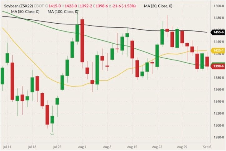 CBOT November 2022 soybeans (candlesticks) with 20-, 50- and 100-day moving averages (yellow, green and black lines). (Barchart)
