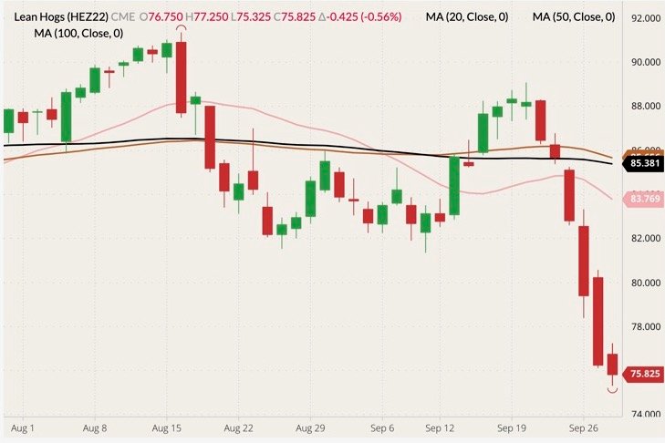 CME December 2022 lean hogs (candlesticks) with 20-, 50- and 100-day moving averages (pink, brown and black lines). (Barchart)
