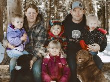 Though Erin Jaffray and husband Cody don’t have much free time on their hands, they’ve managed to start a thriving farmers’ market business. From left, Carl, Erin, Reagan, Cody and Jocelyn, with Alex in front.