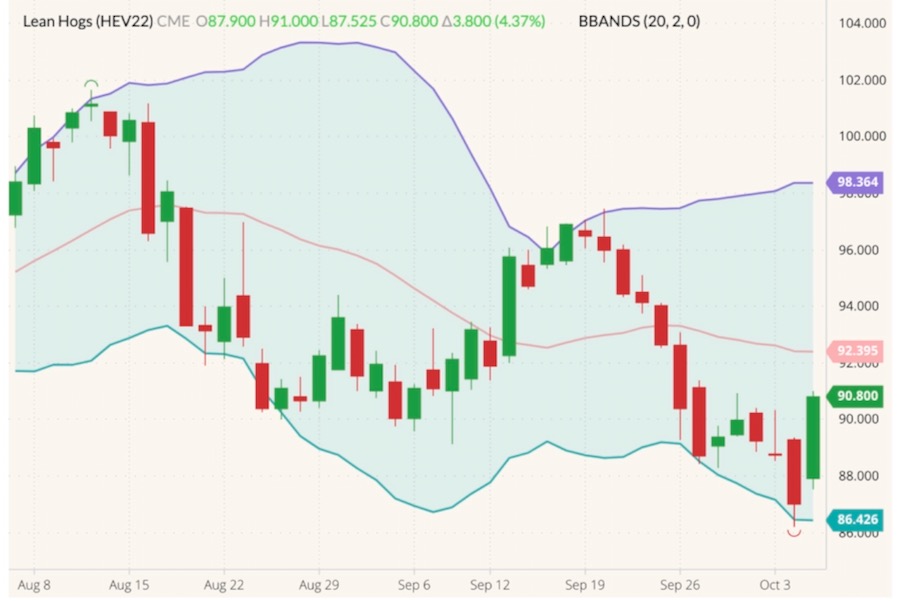 CME October 2022 lean hogs (candlesticks) with Bollinger bands (20,2). (Barchart)
