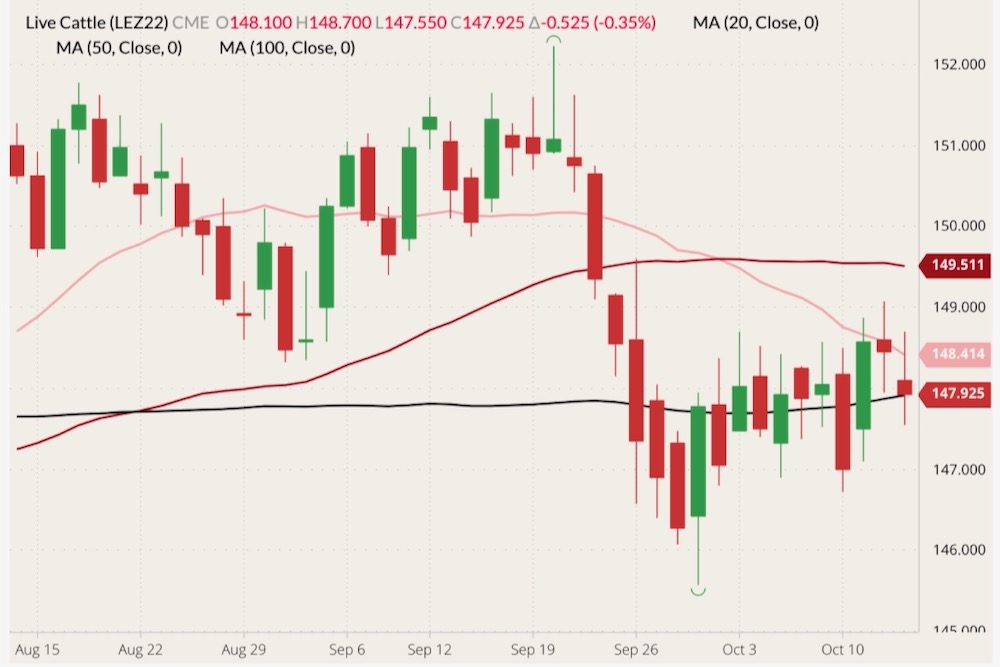 CME December 2022 live cattle (candlesticks) with 20-, 50- and 100-day moving averages (pink, dark red and black lines). (Barchart)
