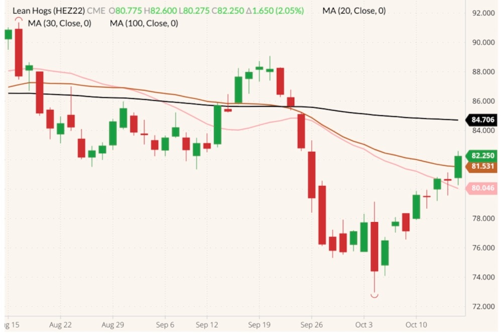 CME December 2022 lean hogs (candlesticks) with 20-, 30- and 100-day moving averages (pink, brown and black lines). (Barchart)
