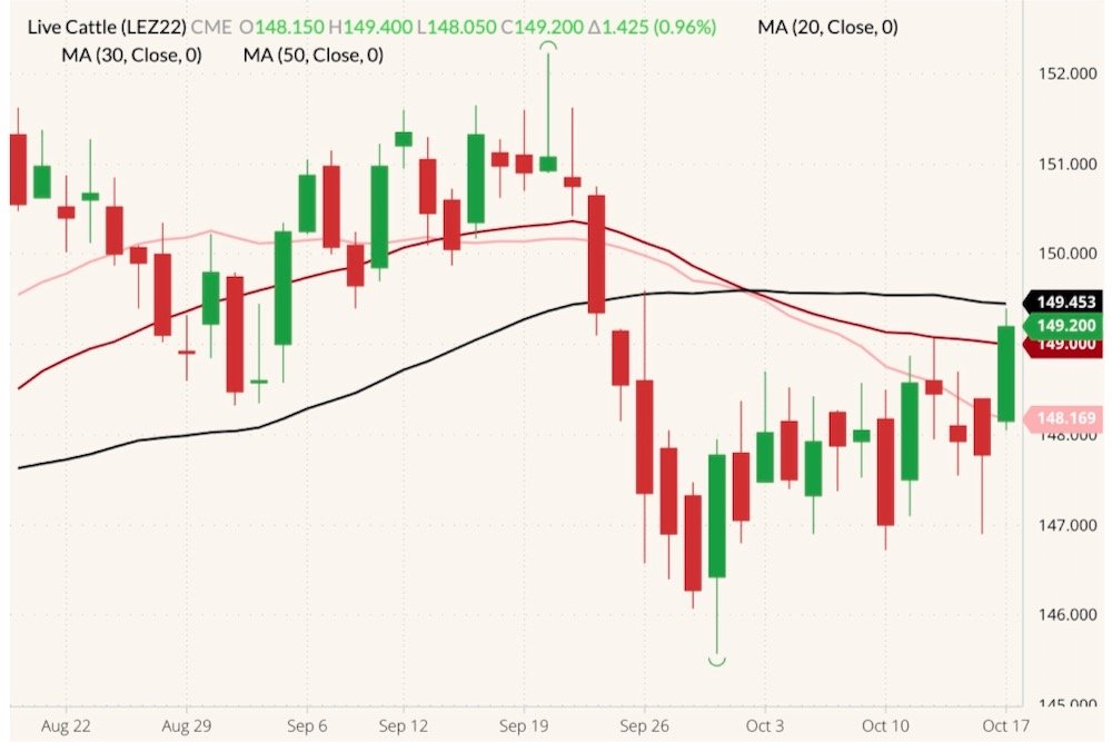 CME December 2022 live cattle (candlesticks) with 20-, 30- and 50-day moving averages (pink, dark red and black lines). (Barchart)

